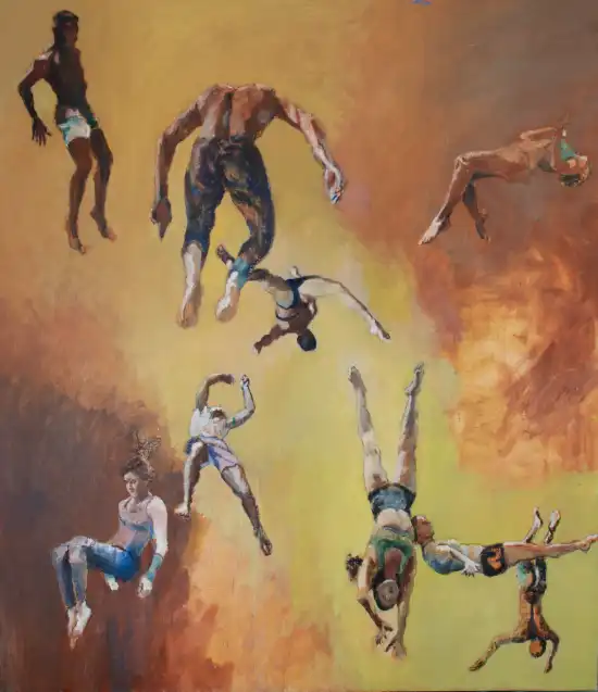 Chaotic composition of spinning and falling acrobats on a dark red background