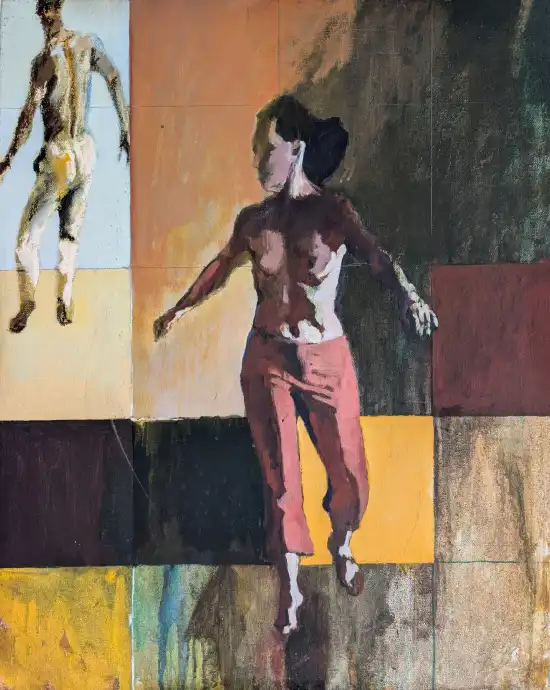 Two dancers in asymmetric movement during an improvised performance