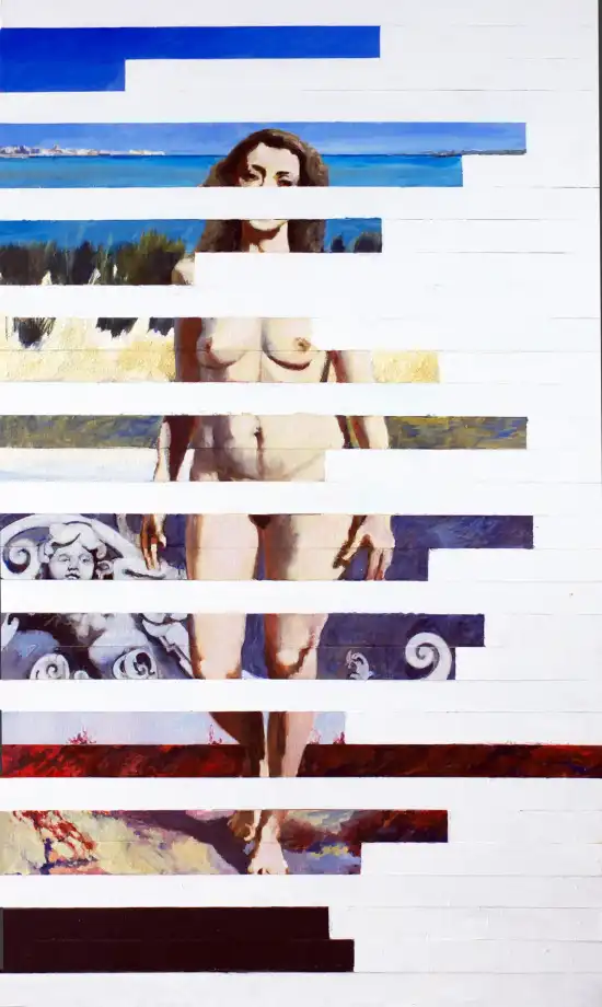 Fragmented multi-panel painting of a female nude on wood strips, inspired by Sylvia Plath’s “Edge” and Sicilian Baroque architecture.