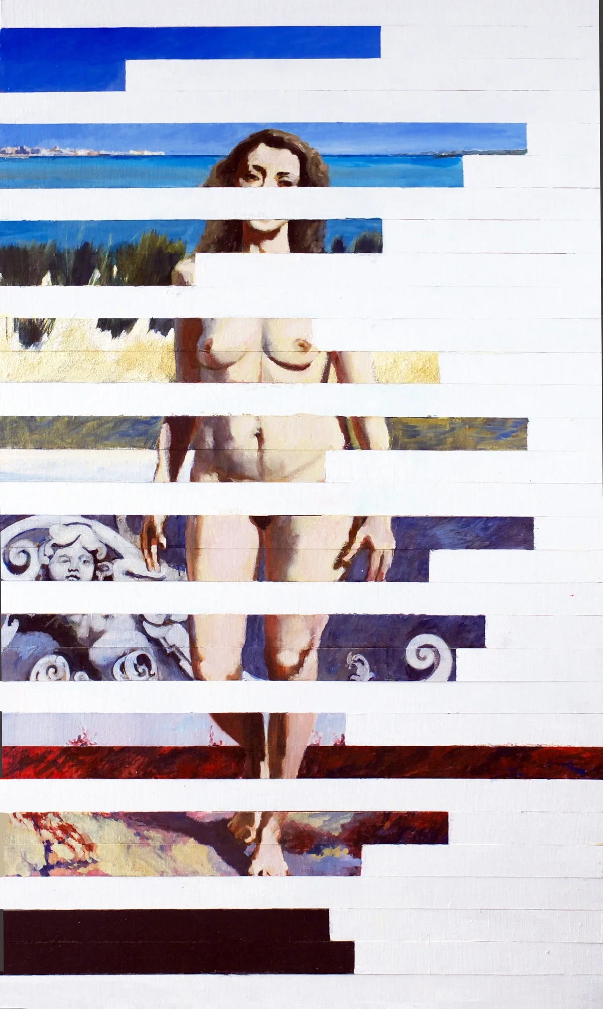 Fragmented multi-panel painting of a female nude on wood strips, inspired by Sylvia Plath’s “Edge” and Sicilian Baroque architecture.
