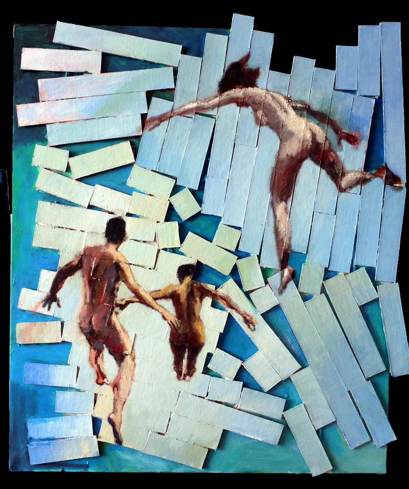 Three figures falling through blue fragmented wood strips