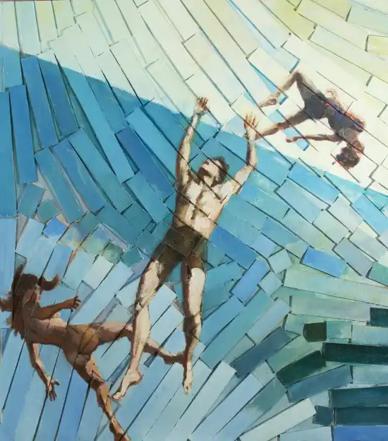 Three figures in somersault movement painted on fragmented wood strips