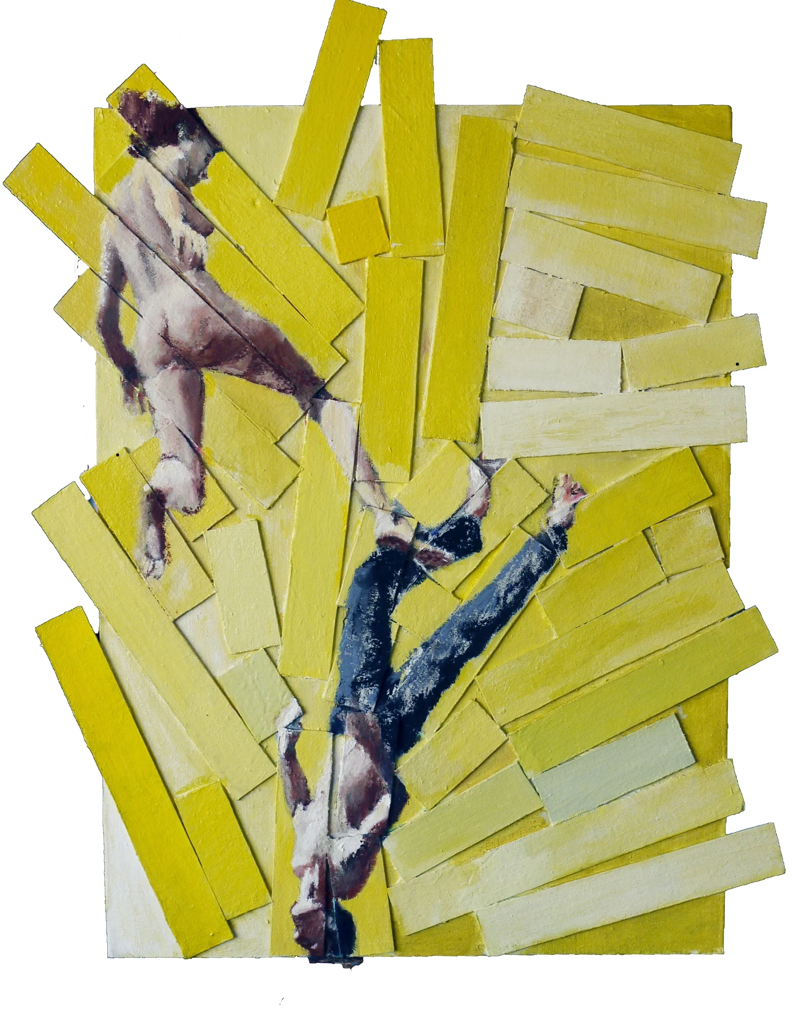 Fragmented wood painting with two suspended figures against a yellow abstract broken background