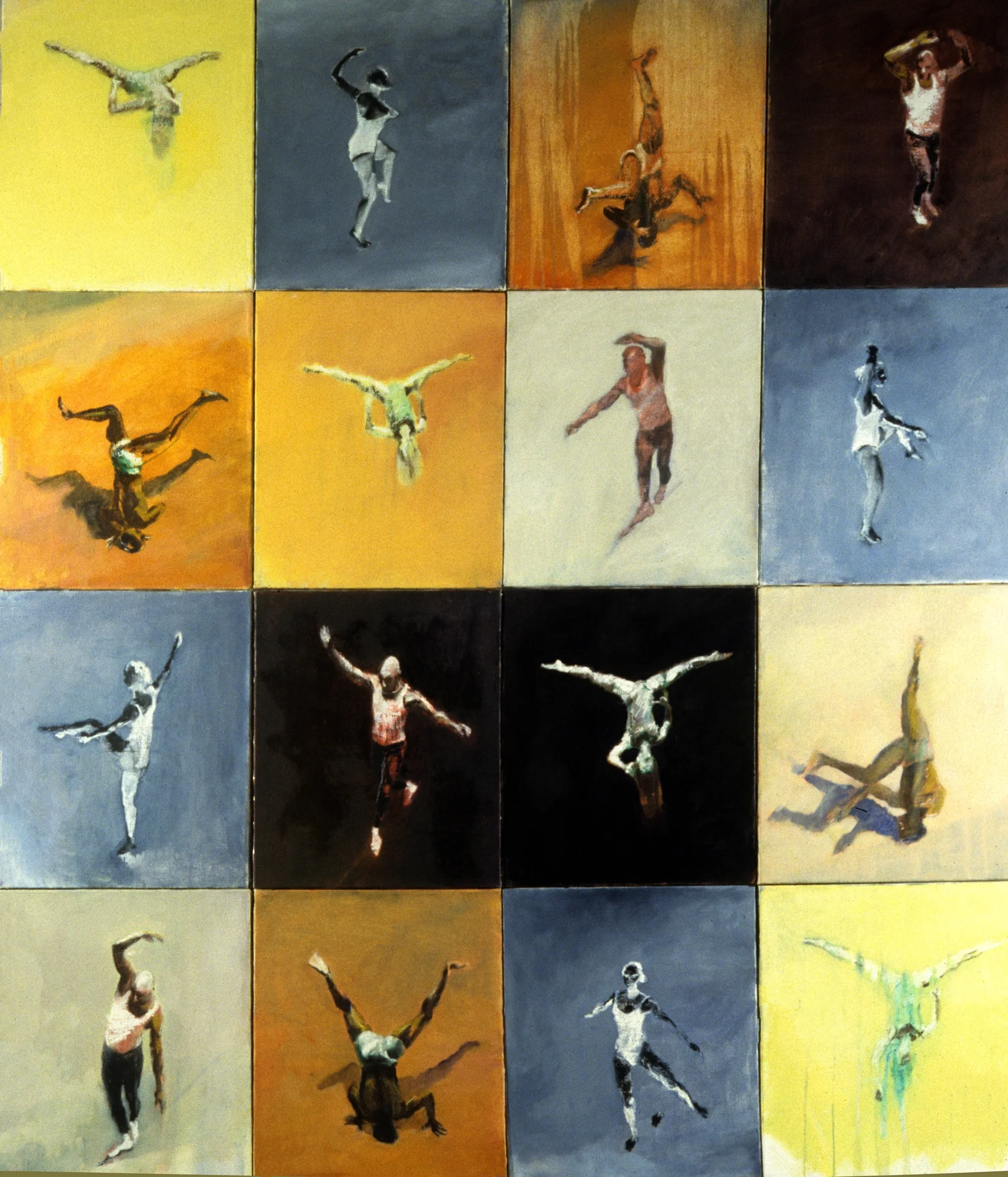 Large composition of moving circus figures exploring human body language