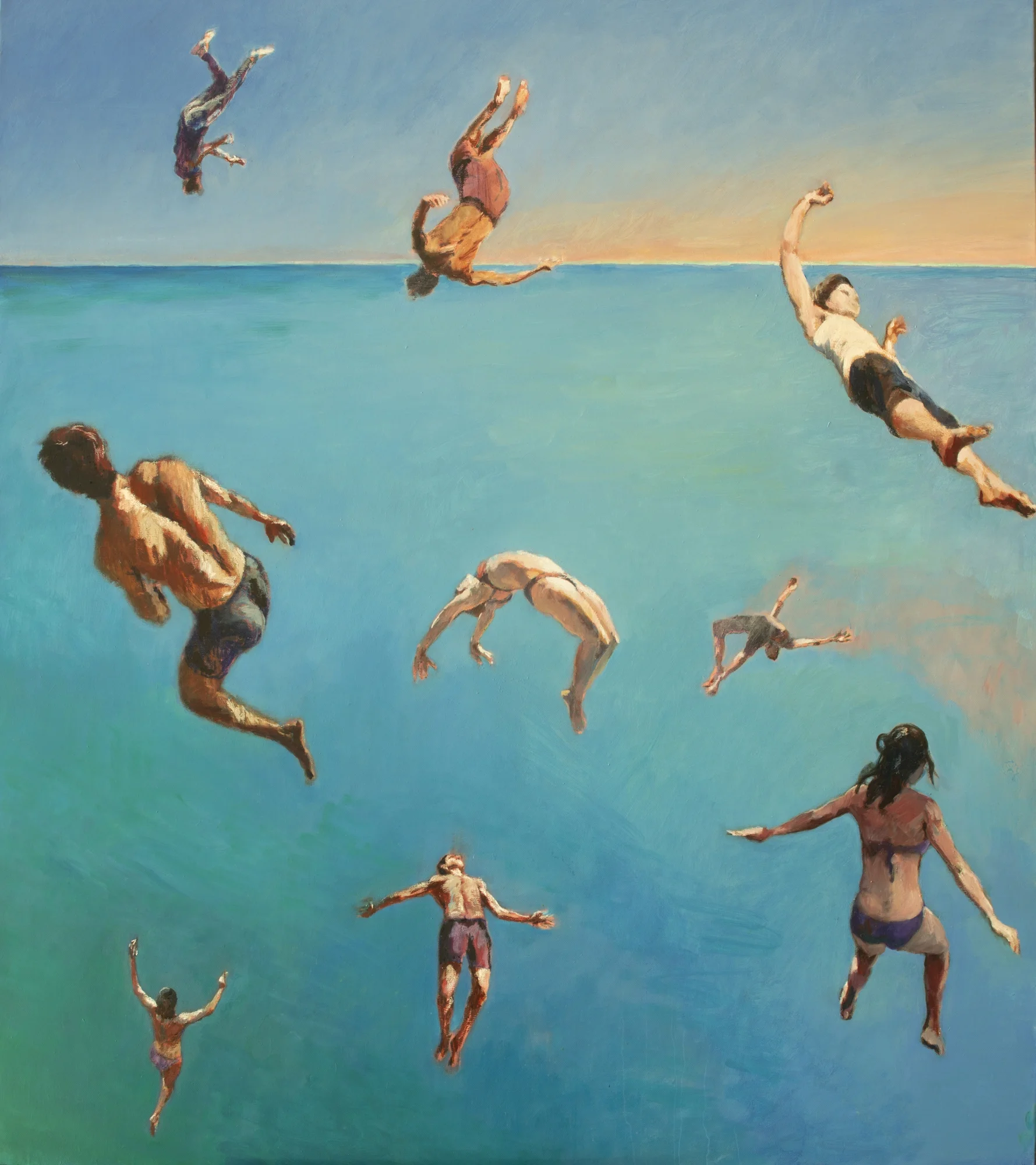 Spinning and falling circus figures floating in open space