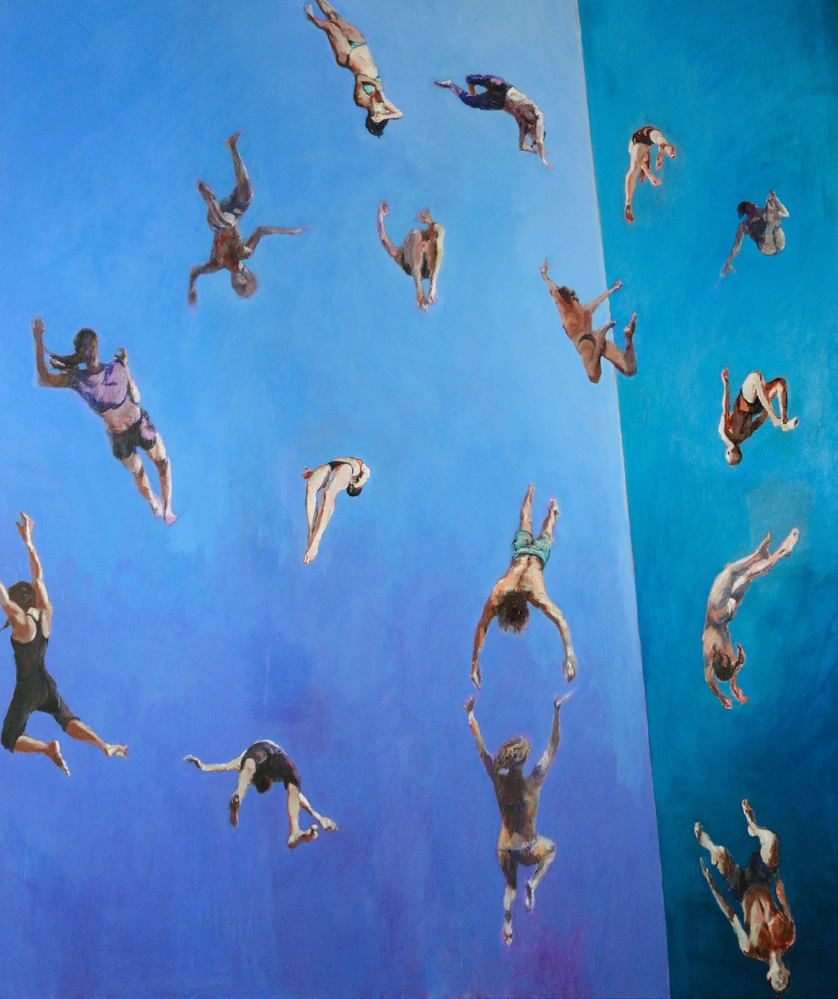 Large scale composition of figures falling together in aerial rhythm