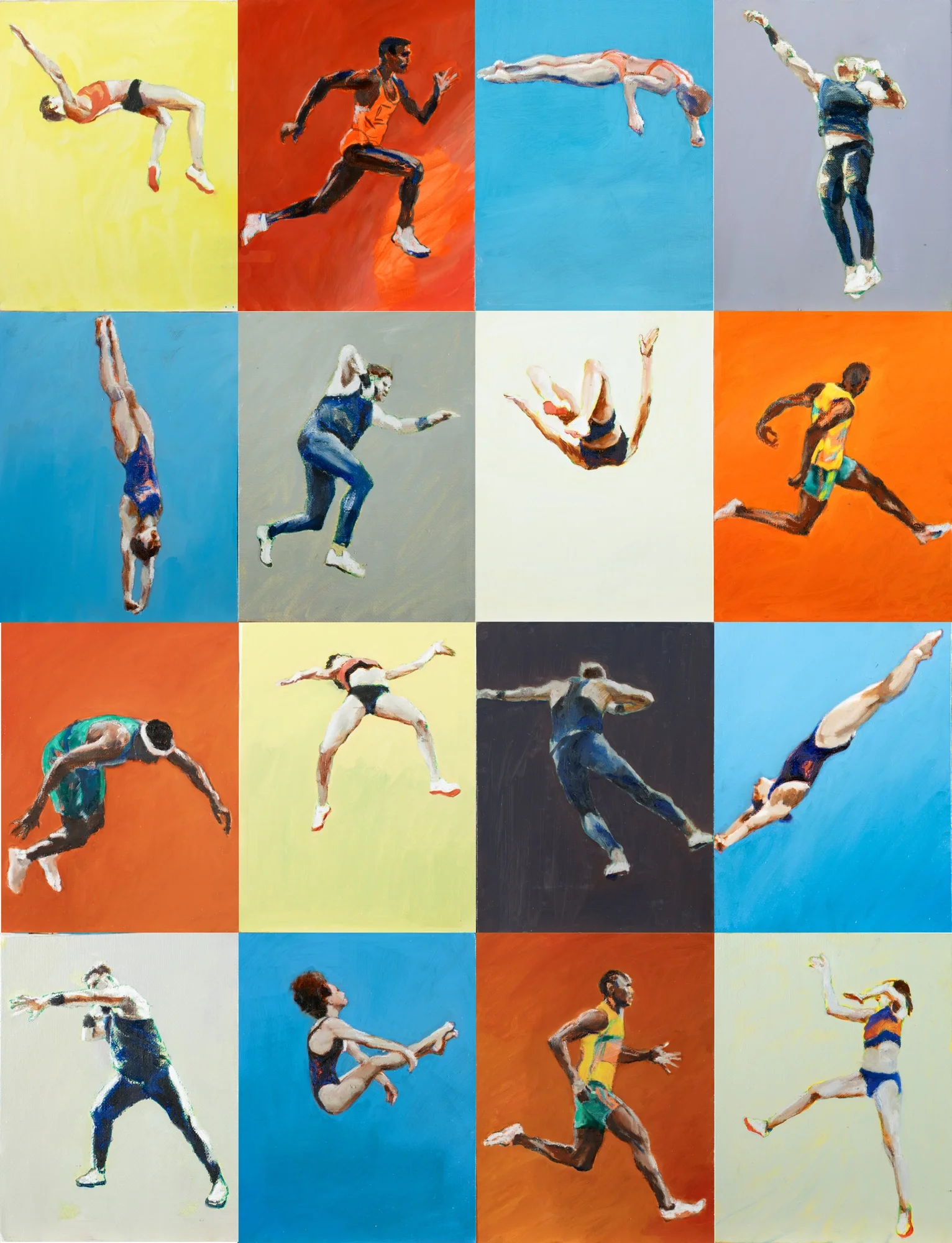 Painting of four athletes in motion with colors symbolizing earth, water, air and fire.
