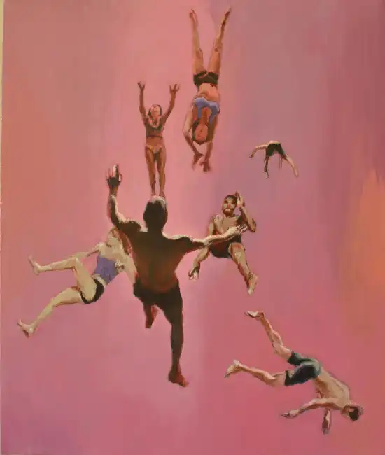 Cluster of floating human figures suspended in space