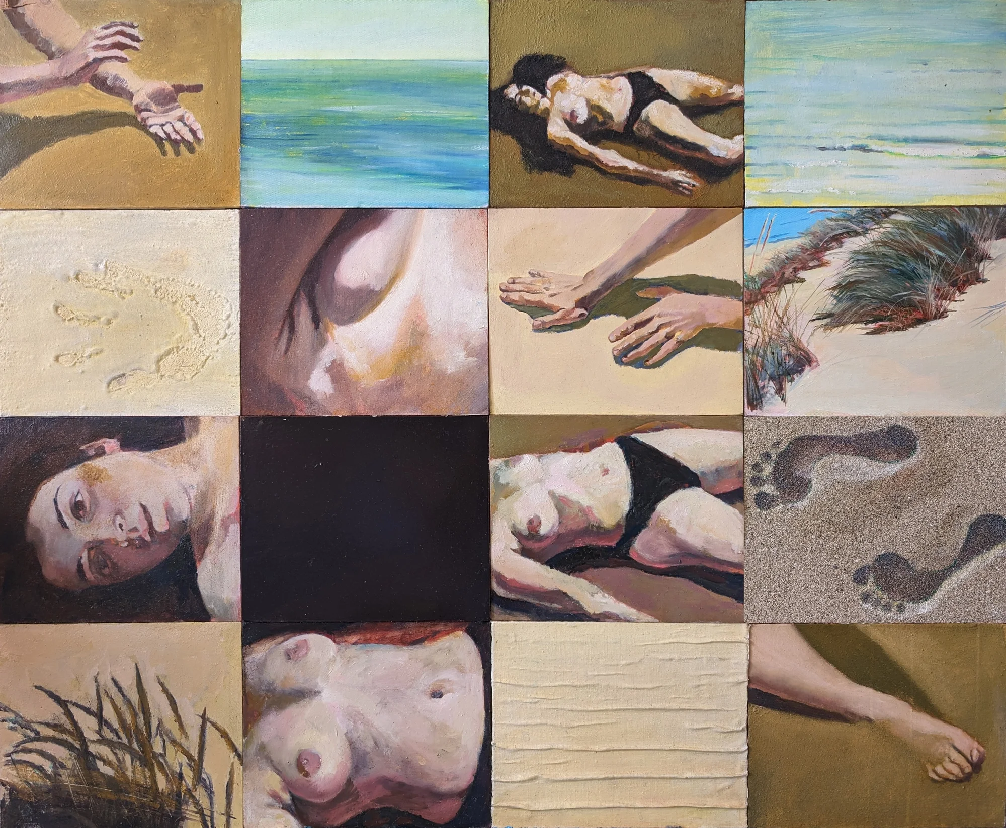 Fragmented body composition arranged across multiple painted panels