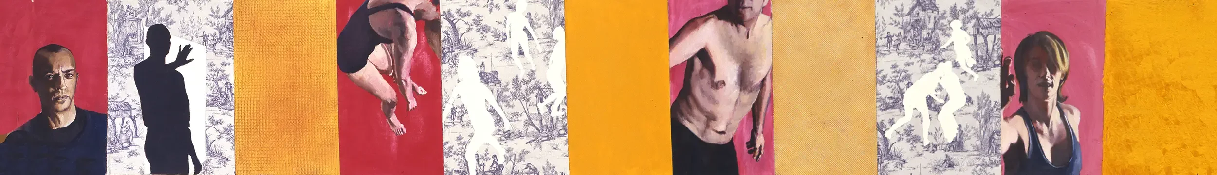 Panoramic multi-panel painting showing two dancers and two painters exploring dance improvisation in a performance setting.
