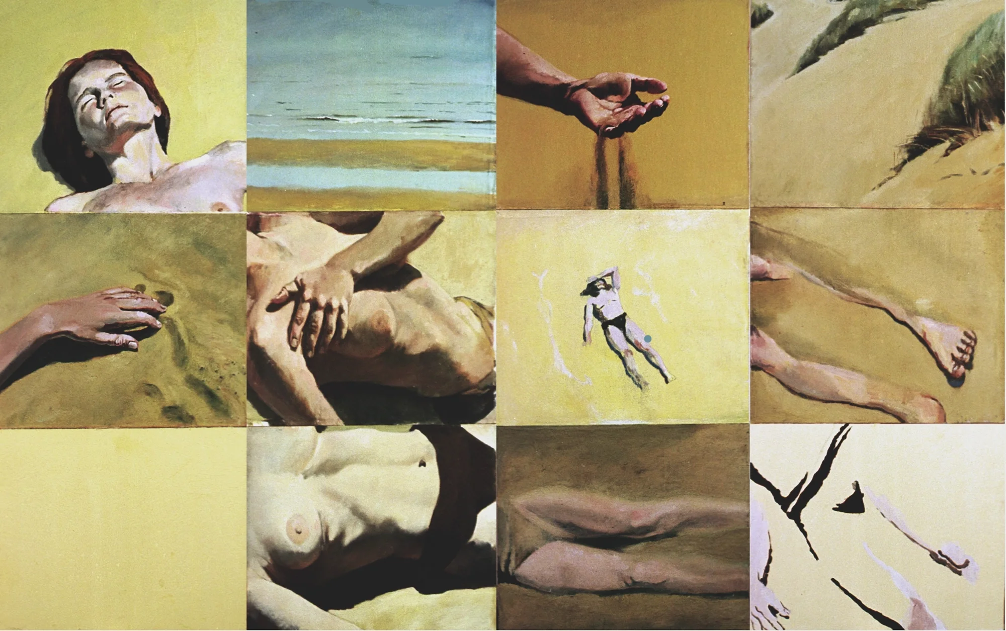 Multi-panel painting of a female figure among shifting sands and marram grass on Le Touquet beach.