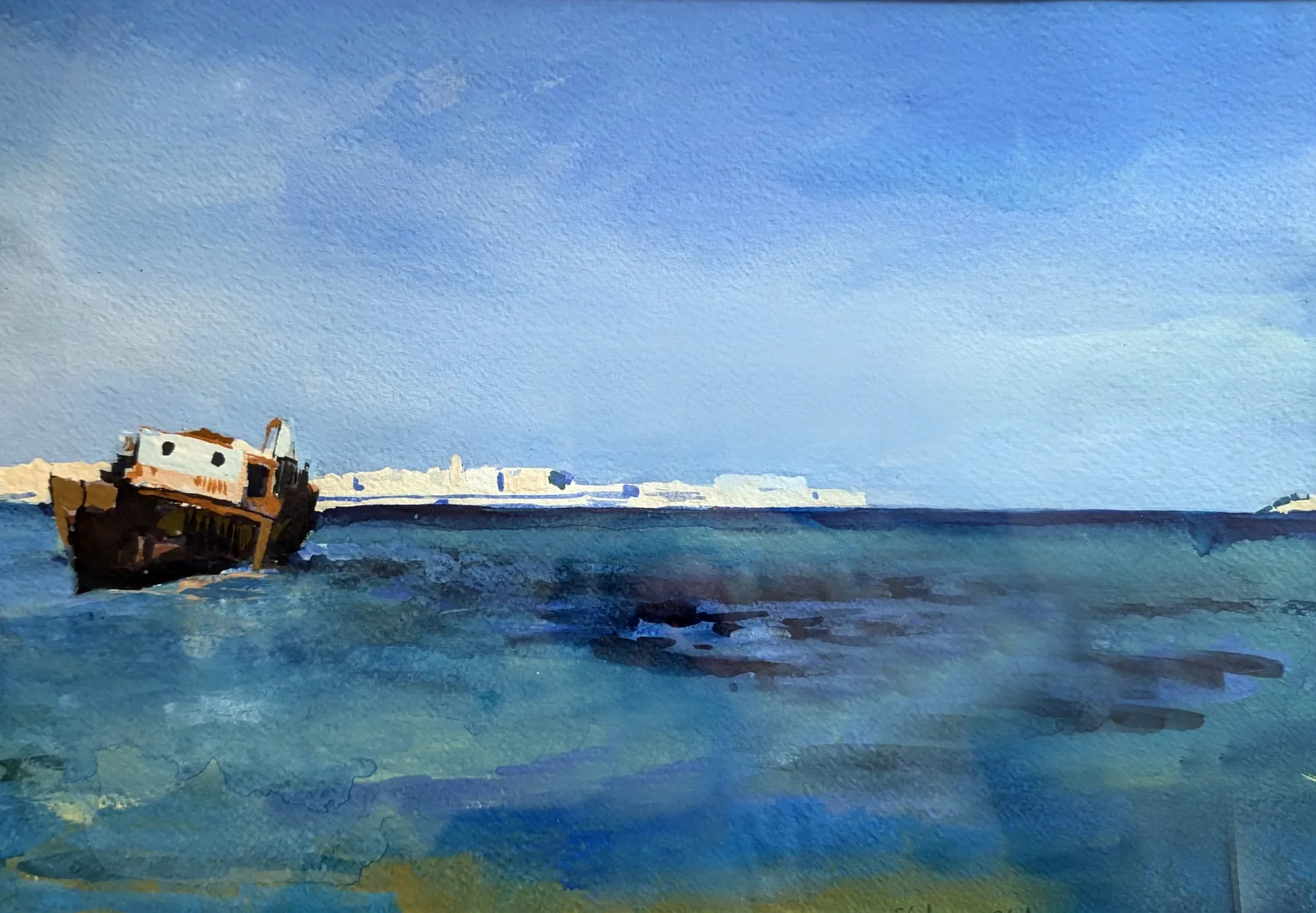 Gouache painting of Ortigia with a shipwreck on the shore