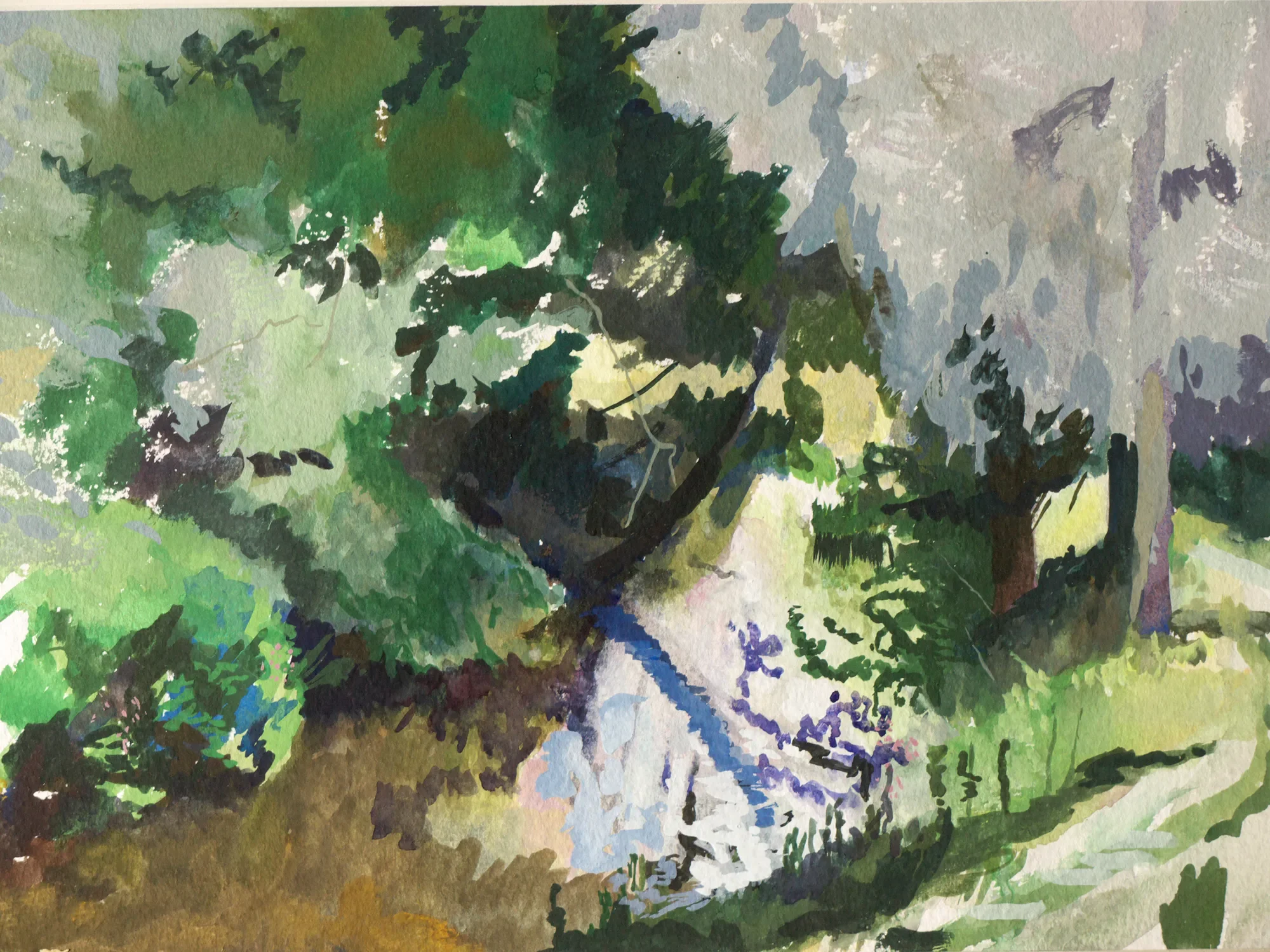 Gouache study of abstract tree reflections in the River Stour