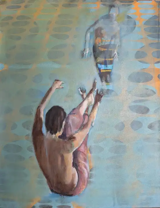 Two dancers in asymmetric improvised movement within a geometric structure