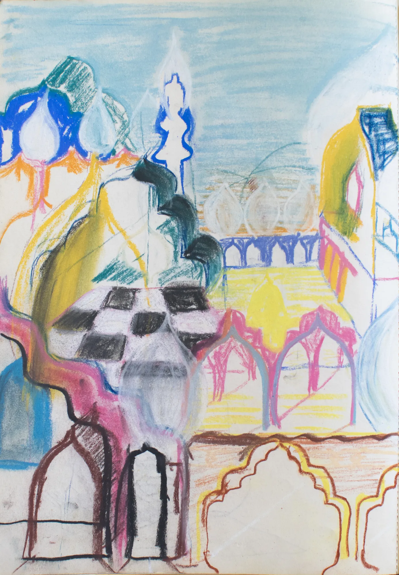 Gouache composition inspired by Delhi and Indian street atmosphere