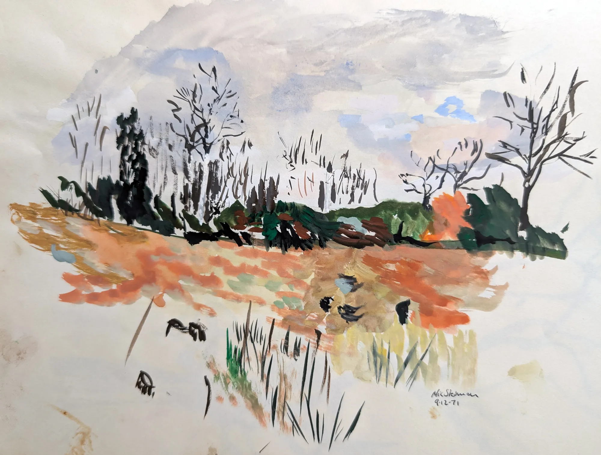 Gouache painting of woodland edge with shifting light