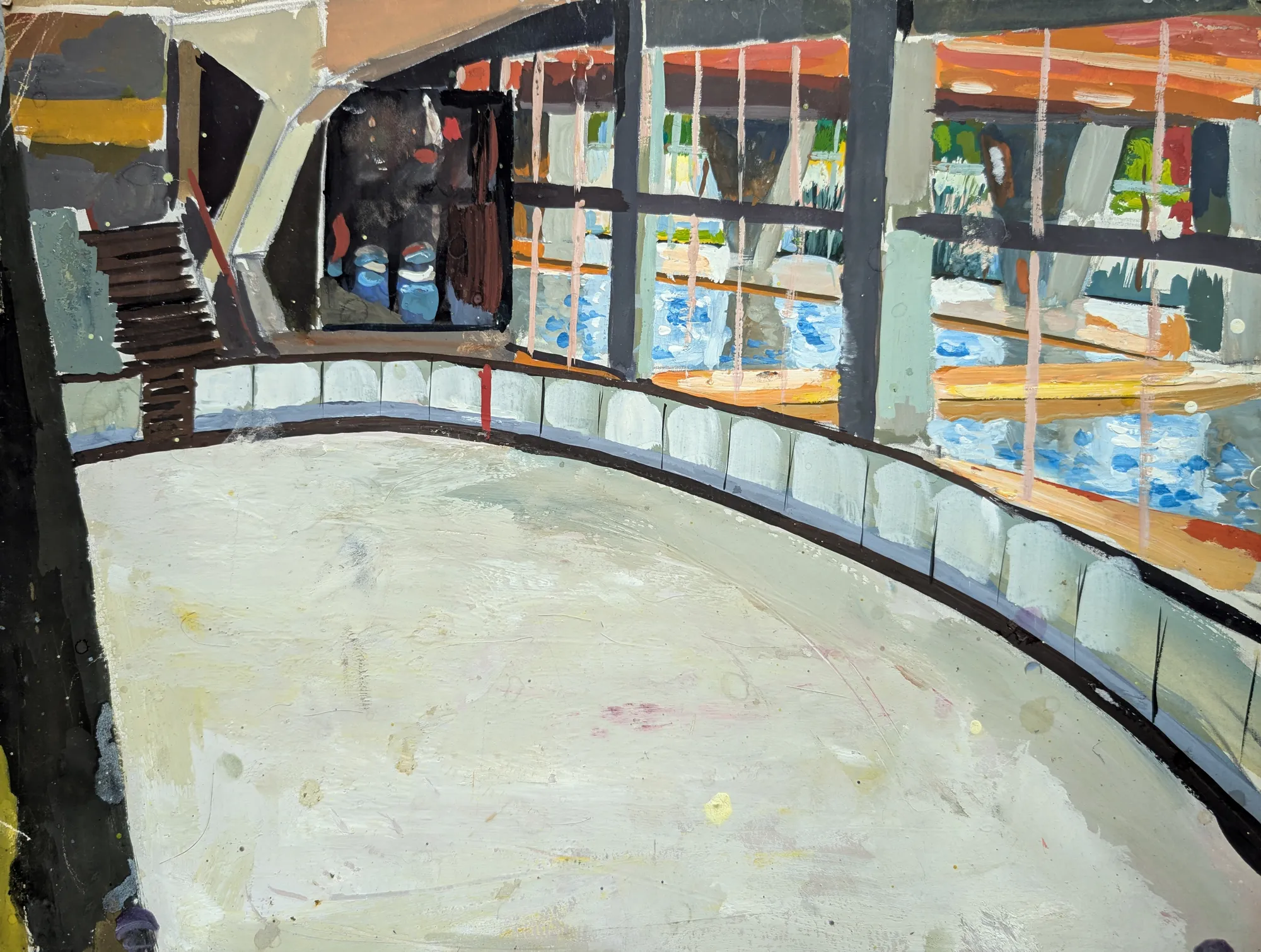 Gouache painting of skaters at an ice rink in Courbevoie