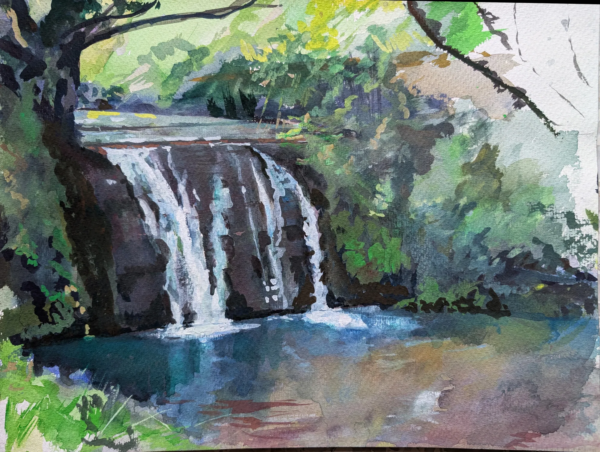Gouache painting of the Cascatelle Naca Nica near Pioppo
