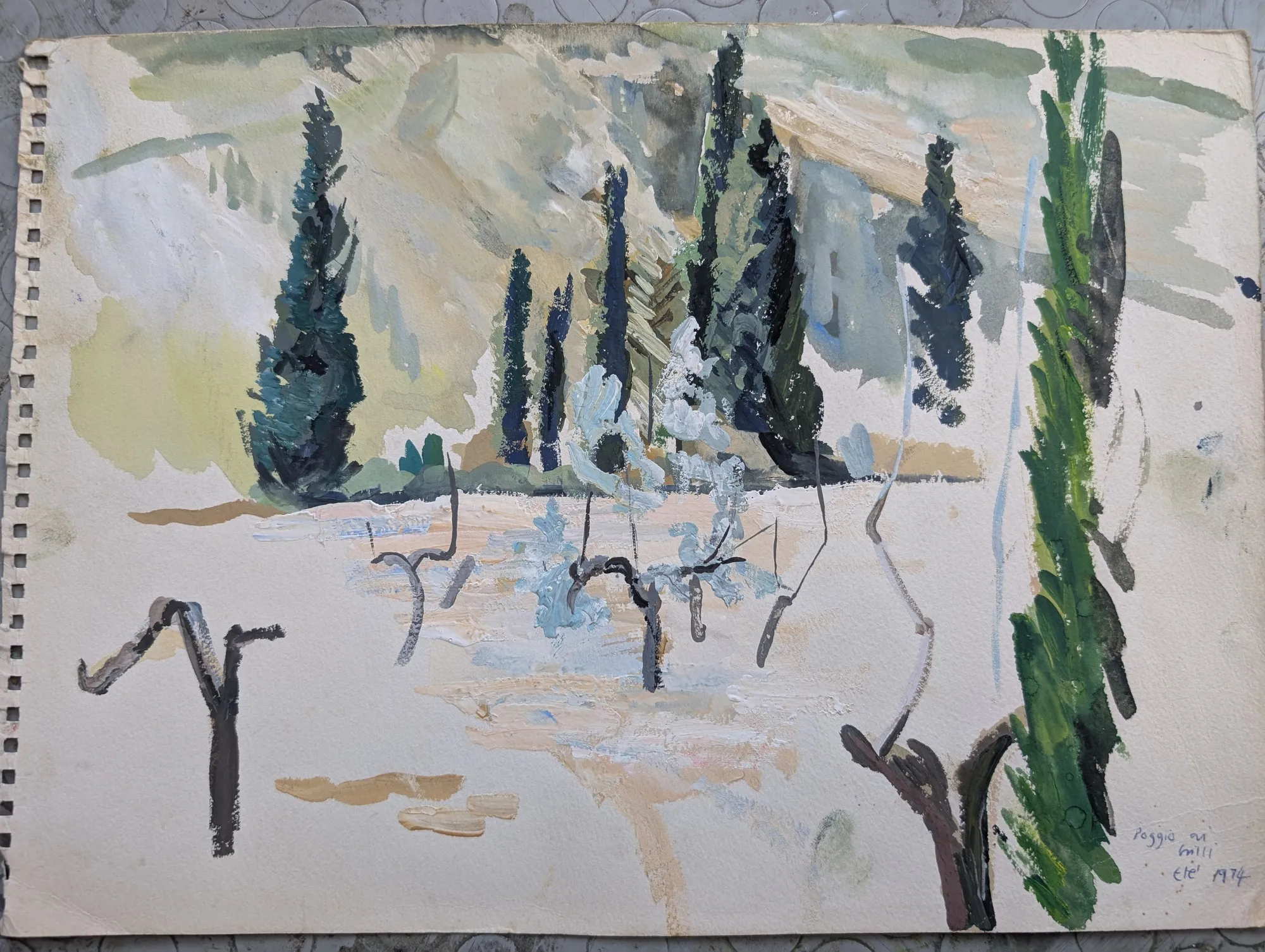 Gouache landscape painted at Poggio ai Grilli