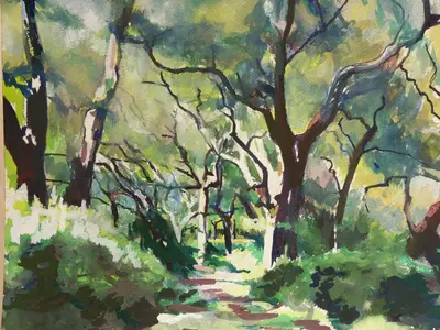 Gouache painting of a path through summer cork oak woods in Sicily