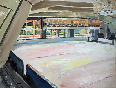 Gouache painting of skating rink scene in Courbevoie