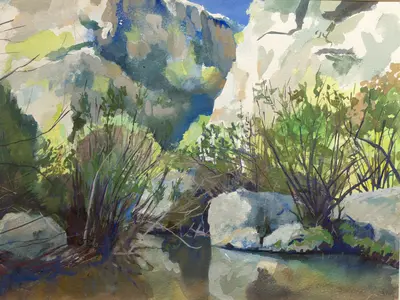 Gouache painting of a lonely autumn river in Pantalica