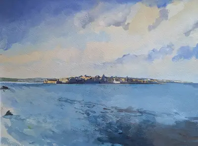 Gouache painting of a distant island across the sea near Siracusa