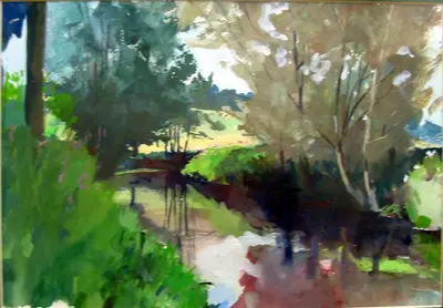 Gouache painting of the River Stour near Godmersham