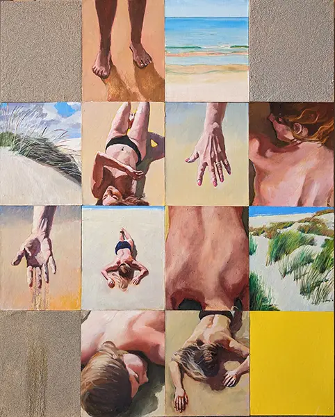 Multi-panel composition of figures among dunes and sea