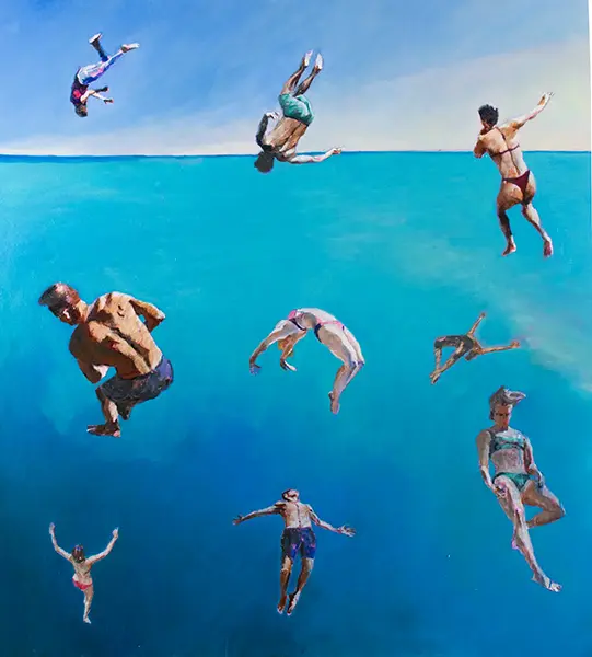 Nine acrobatic figures falling across the horizon